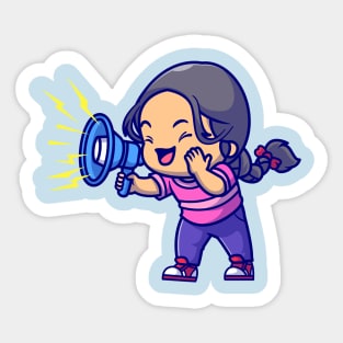Cute Girl Holding Megaphone Cartoon Sticker